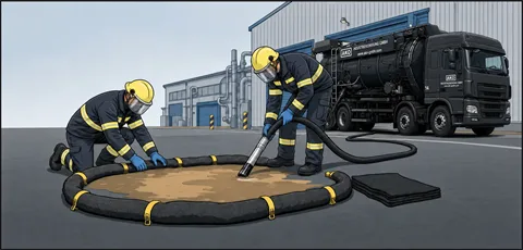 Comicbild: Einsatzteam sichert und reinigt eine Schadstelle