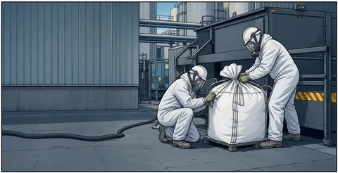 Comicbild: Fachkräfte verpacken Material sicher in einem Big-Bag