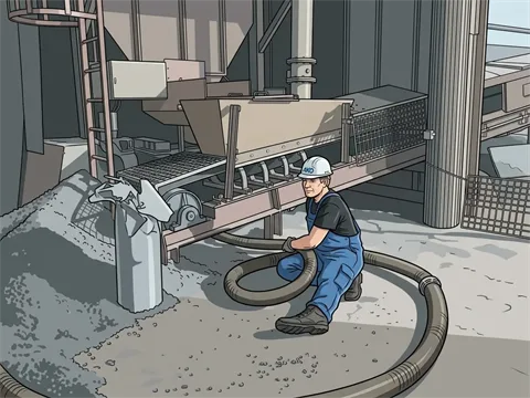 AKO-Mitarbeiter mit Saugschlauch an einer Industrieanlage
